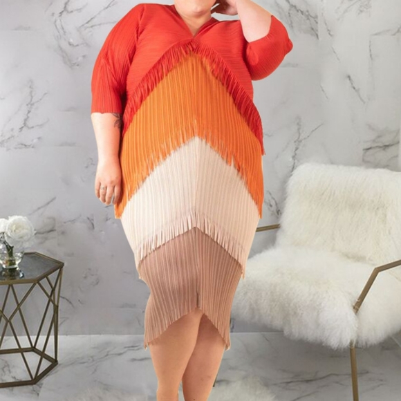 Kate Hewko Tiered Tassel Dress Accordion Pleated w/ Fringe Color Block - Picture 14 of 16